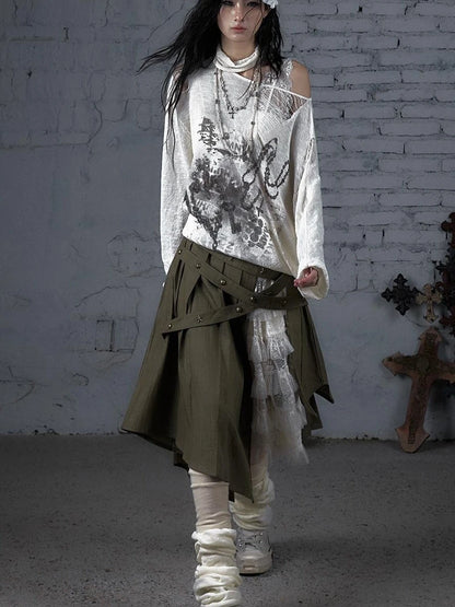 Punk Grunge Royal Print Off-Shoulder Knit Top