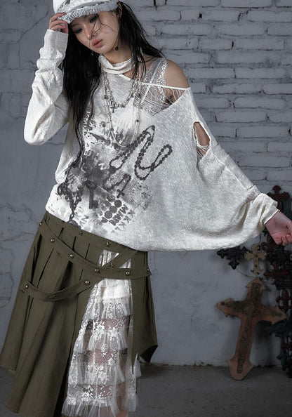 NO ROMANCE Punk Grunge Royal Print Off-Shoulder Knit Top
