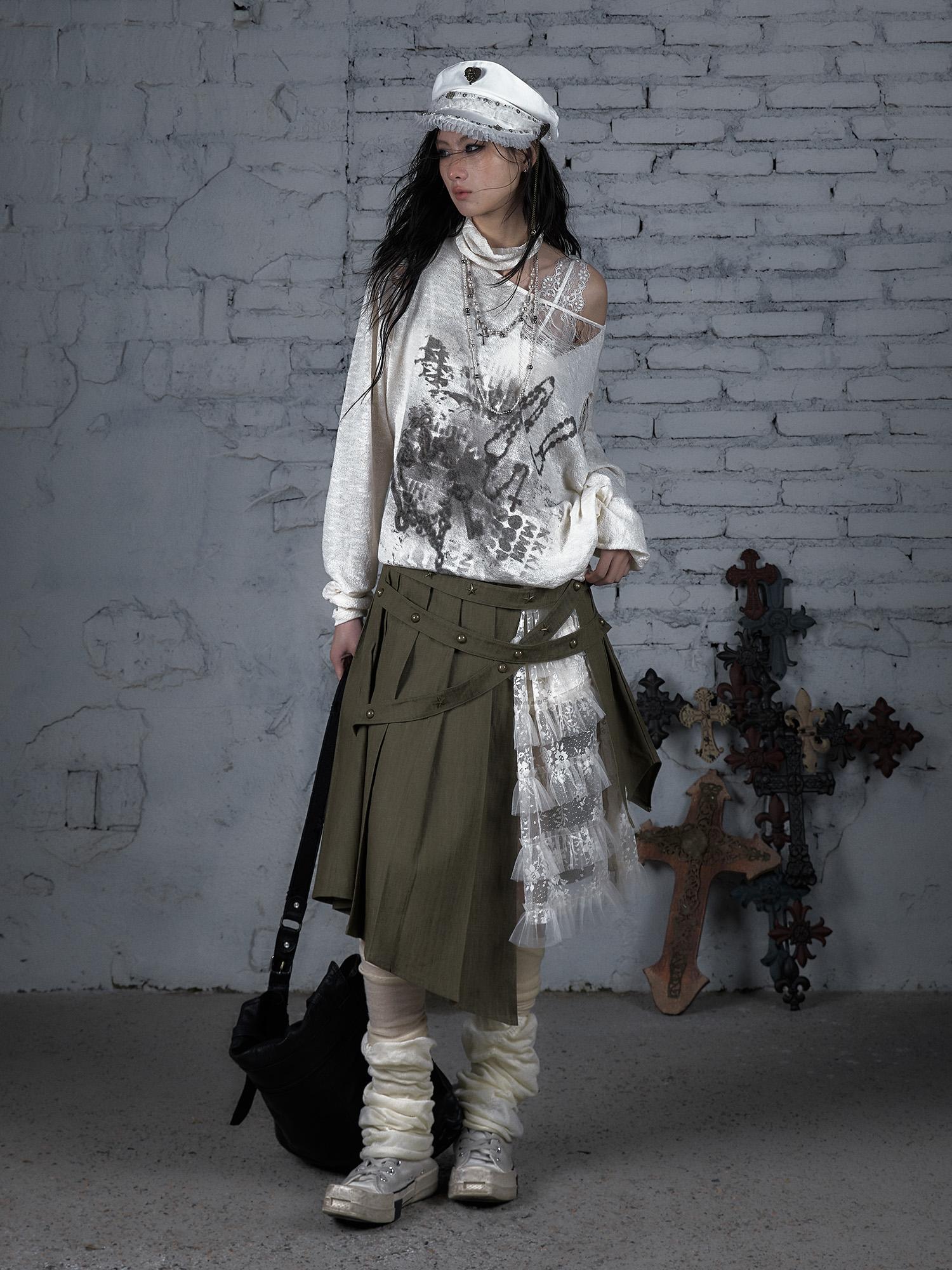 NO ROMANCE Punk Grunge Royal Print Off-Shoulder Knit Top
