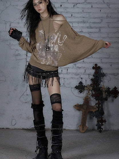 Punk Grunge Royal Print Off-Shoulder Knit Top