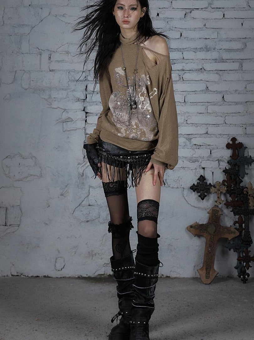 NO ROMANCE Punk Grunge Royal Print Off-Shoulder Knit Top