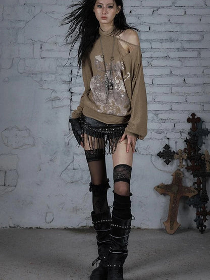 Punk Grunge Royal Print Off-Shoulder Knit Top