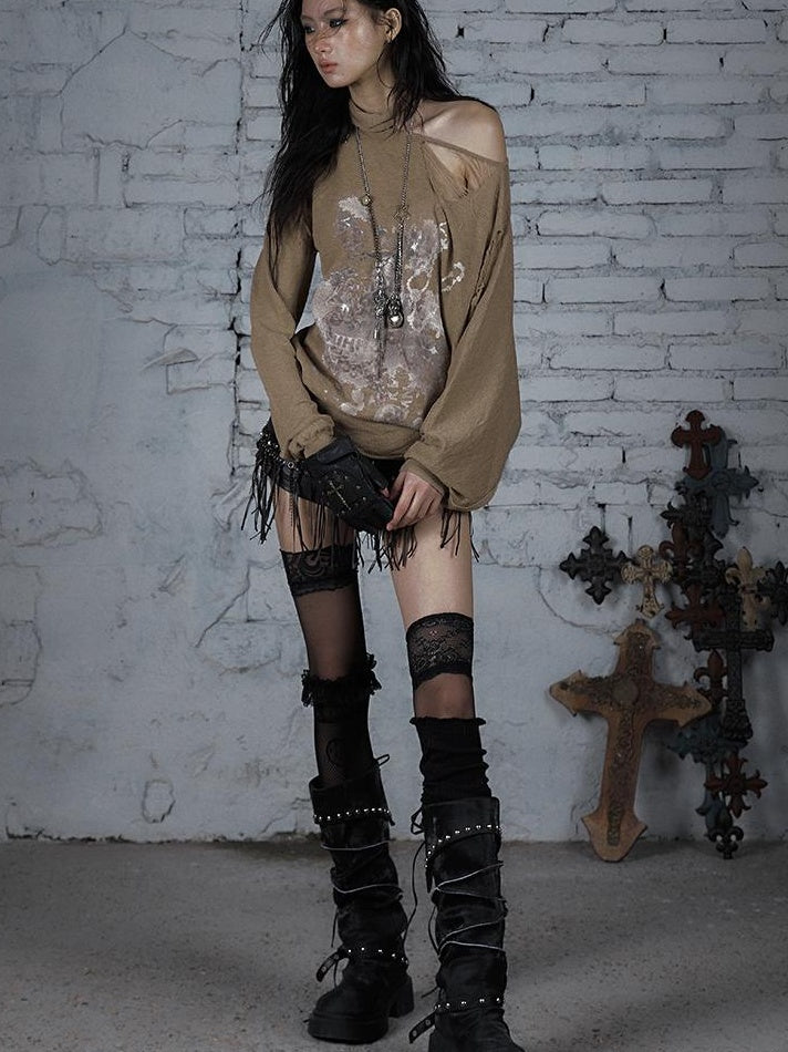 NO ROMANCE Punk Grunge Royal Print Off-Shoulder Knit Top