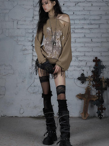NO ROMANCE Punk Grunge Royal Print Off-Shoulder Knit Top