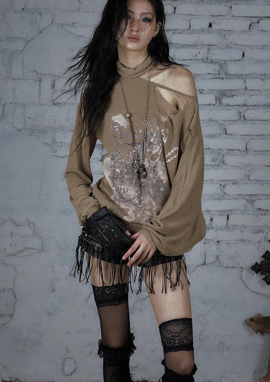 NO ROMANCE Punk Grunge Royal Print Off-Shoulder Knit Top