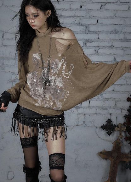 NO ROMANCE Punk Grunge Royal Print Off-Shoulder Knit Top