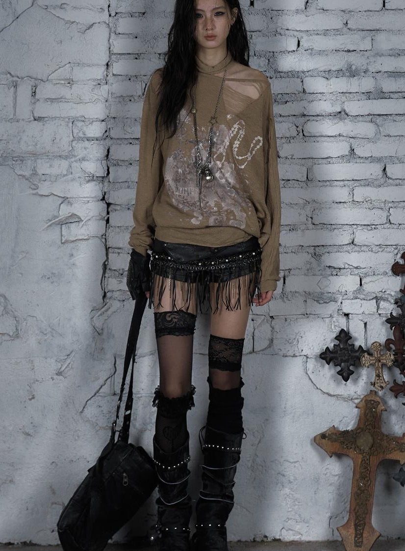 NO ROMANCE Punk Grunge Royal Print Off-Shoulder Knit Top