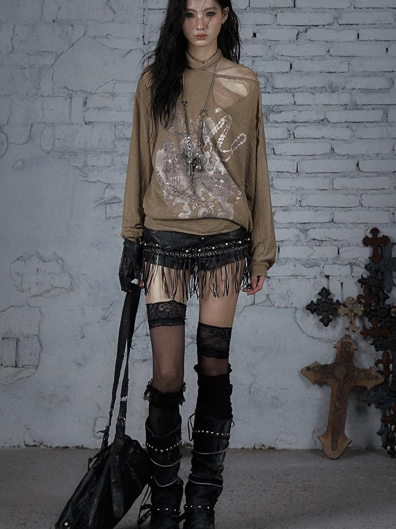 NO ROMANCE Punk Grunge Royal Print Off-Shoulder Knit Top