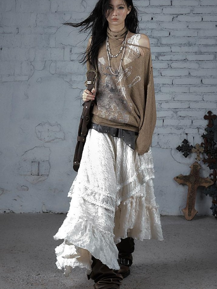 NO ROMANCE Punk Grunge Royal Print Off-Shoulder Knit Top