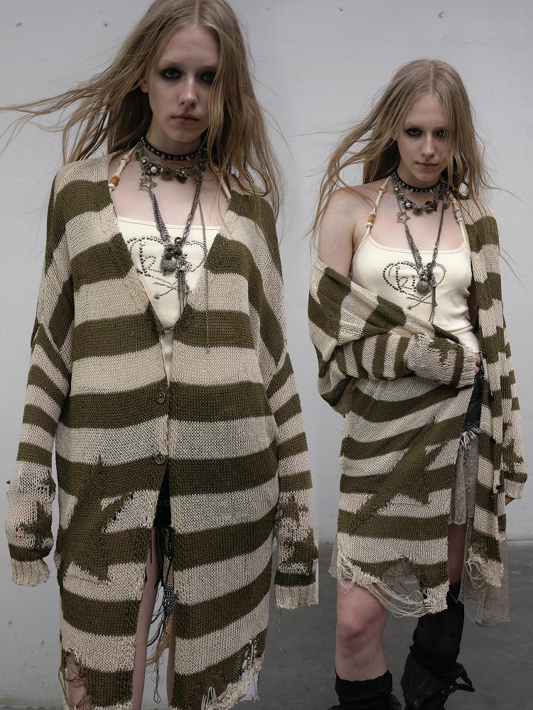 NO ROMANCE禁忌浪漫 Punk Grunge Striped Knit Batwing Sleeve Cover-Up Shirt