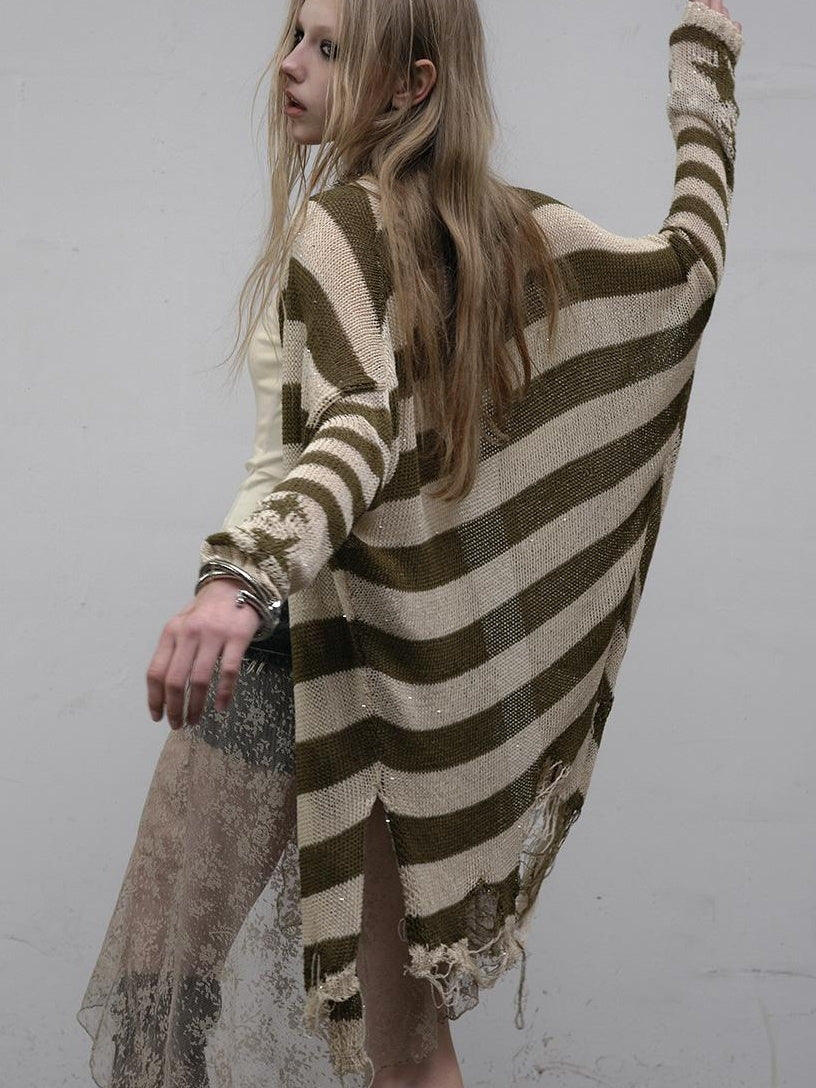 NO ROMANCE禁忌浪漫 Punk Grunge Striped Knit Batwing Sleeve Cover-Up Shirt