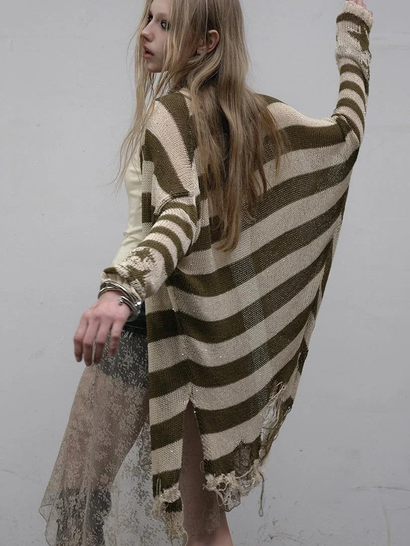 Punk Grunge Striped Knit Batwing Sleeve Cover-Up Shirt