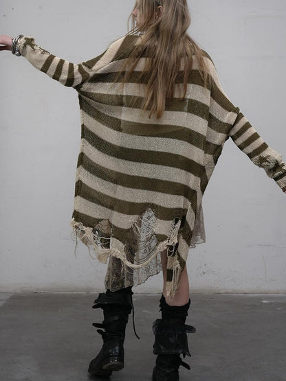 NO ROMANCE禁忌浪漫 Punk Grunge Striped Knit Batwing Sleeve Cover-Up Shirt