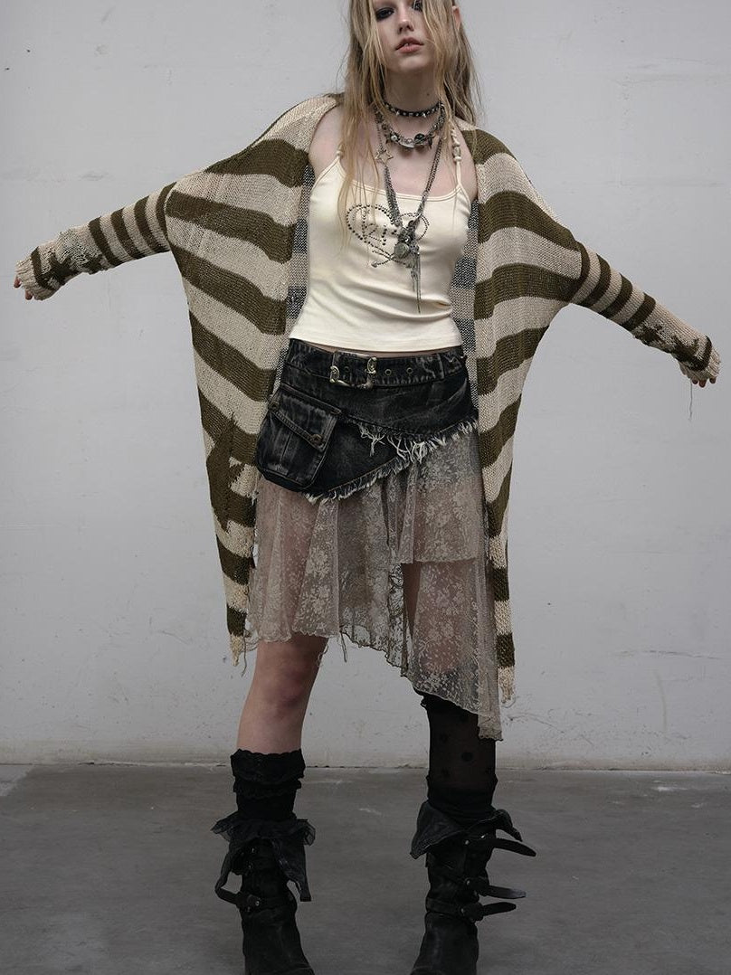 NO ROMANCE禁忌浪漫 Punk Grunge Striped Knit Batwing Sleeve Cover-Up Shirt