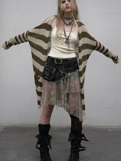 NO ROMANCE禁忌浪漫 Punk Grunge Striped Knit Batwing Sleeve Cover-Up Shirt