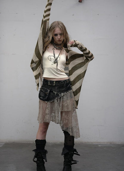 NO ROMANCE禁忌浪漫 Punk Grunge Striped Knit Batwing Sleeve Cover-Up Shirt