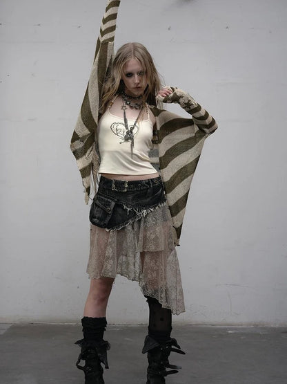 Punk Grunge Striped Knit Batwing Sleeve Cover-Up Shirt