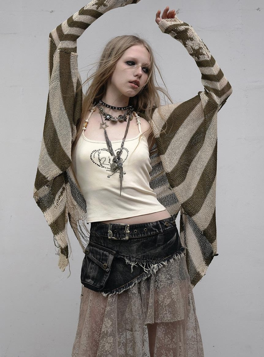 NO ROMANCE禁忌浪漫 Punk Grunge Striped Knit Batwing Sleeve Cover-Up Shirt