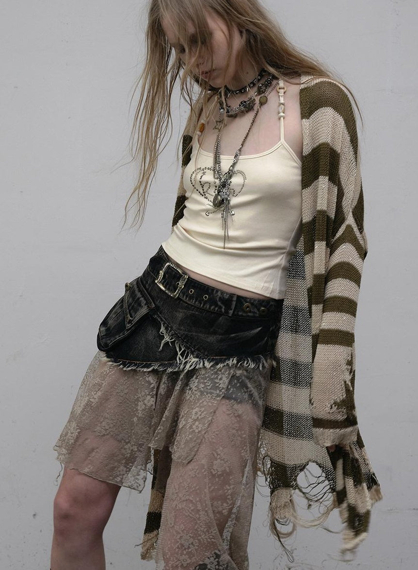 NO ROMANCE禁忌浪漫 Punk Grunge Striped Knit Batwing Sleeve Cover-Up Shirt