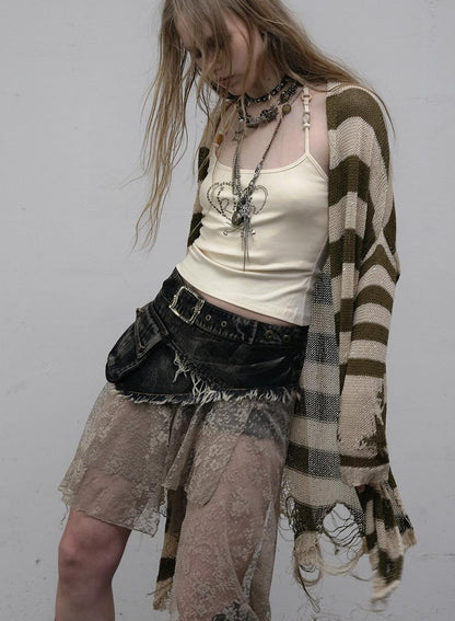 NO ROMANCE禁忌浪漫 Punk Grunge Striped Knit Batwing Sleeve Cover-Up Shirt