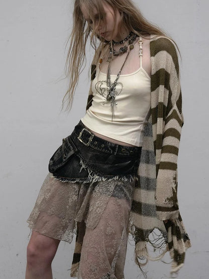 Punk Grunge Striped Knit Batwing Sleeve Cover-Up Shirt