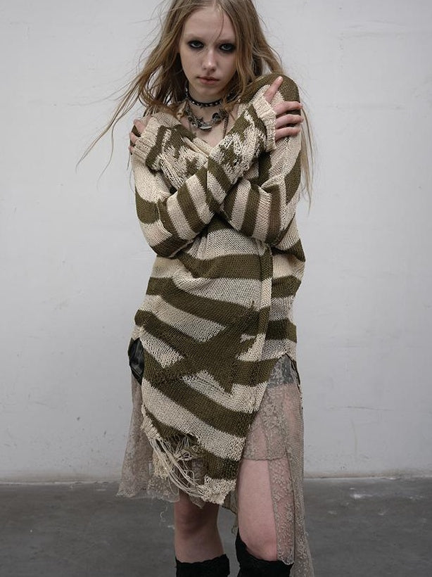 NO ROMANCE禁忌浪漫 Punk Grunge Striped Knit Batwing Sleeve Cover-Up Shirt