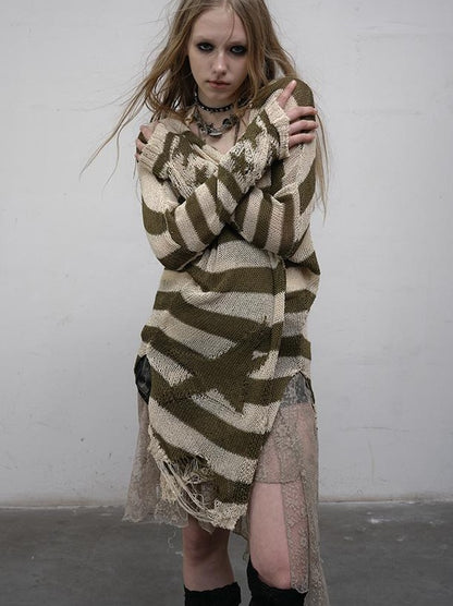NO ROMANCE禁忌浪漫 Punk Grunge Striped Knit Batwing Sleeve Cover-Up Shirt