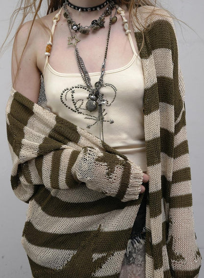NO ROMANCE禁忌浪漫 Punk Grunge Striped Knit Batwing Sleeve Cover-Up Shirt