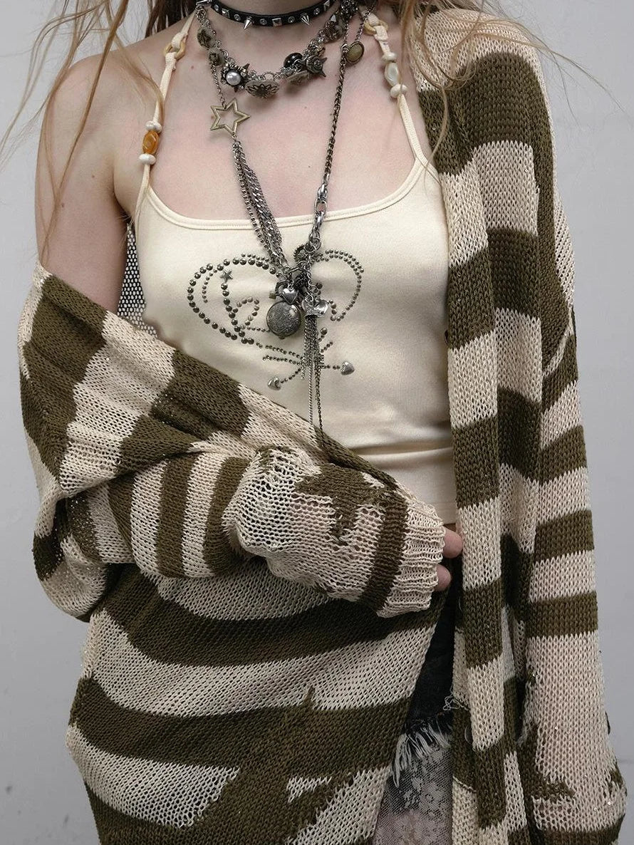 Punk Grunge Striped Knit Batwing Sleeve Cover-Up Shirt
