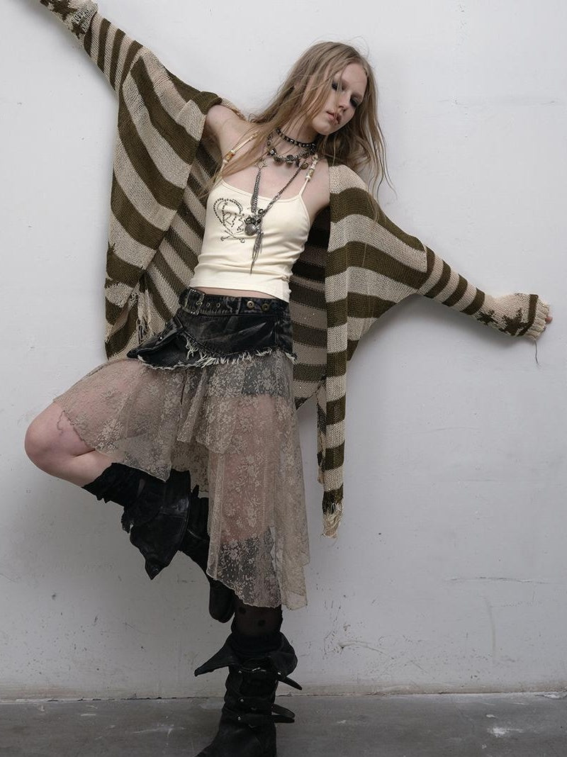 NO ROMANCE禁忌浪漫 Punk Grunge Striped Knit Batwing Sleeve Cover-Up Shirt