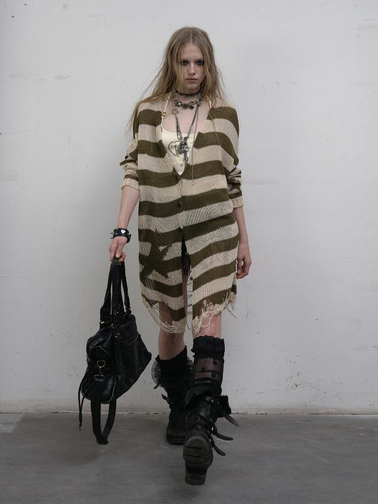 NO ROMANCE禁忌浪漫 Punk Grunge Striped Knit Batwing Sleeve Cover-Up Shirt