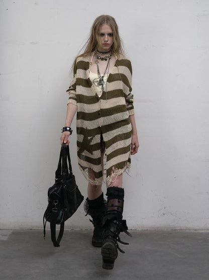 NO ROMANCE禁忌浪漫 Punk Grunge Striped Knit Batwing Sleeve Cover-Up Shirt