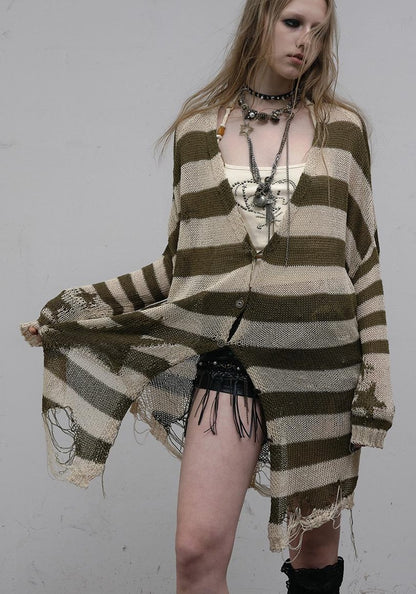 NO ROMANCE禁忌浪漫 Punk Grunge Striped Knit Batwing Sleeve Cover-Up Shirt