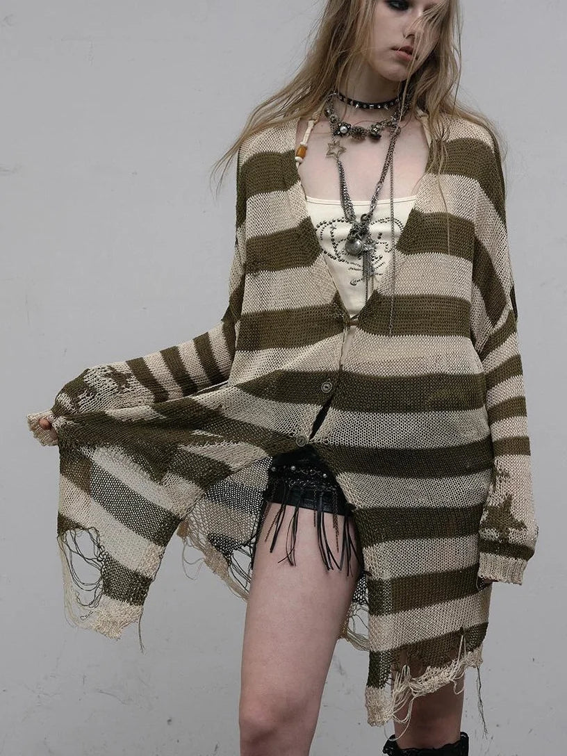 Punk Grunge Striped Knit Batwing Sleeve Cover-Up Shirt