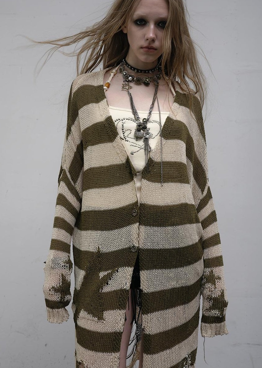 NO ROMANCE禁忌浪漫 Punk Grunge Striped Knit Batwing Sleeve Cover-Up Shirt