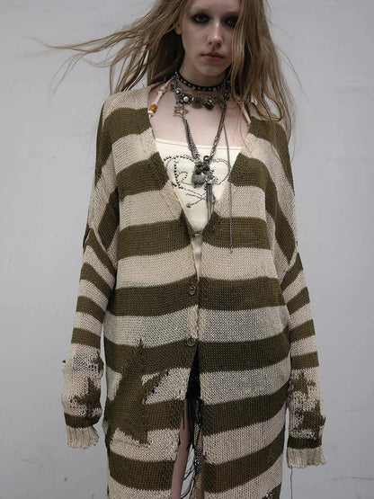 Punk Grunge Striped Knit Batwing Sleeve Cover-Up Shirt