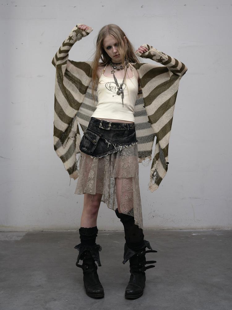 NO ROMANCE禁忌浪漫 Punk Grunge Striped Knit Batwing Sleeve Cover-Up Shirt