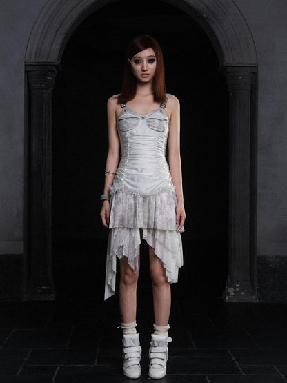ARIADNAw Punk Inspired Satin Ruffle Layered Dress Edgy Versatile