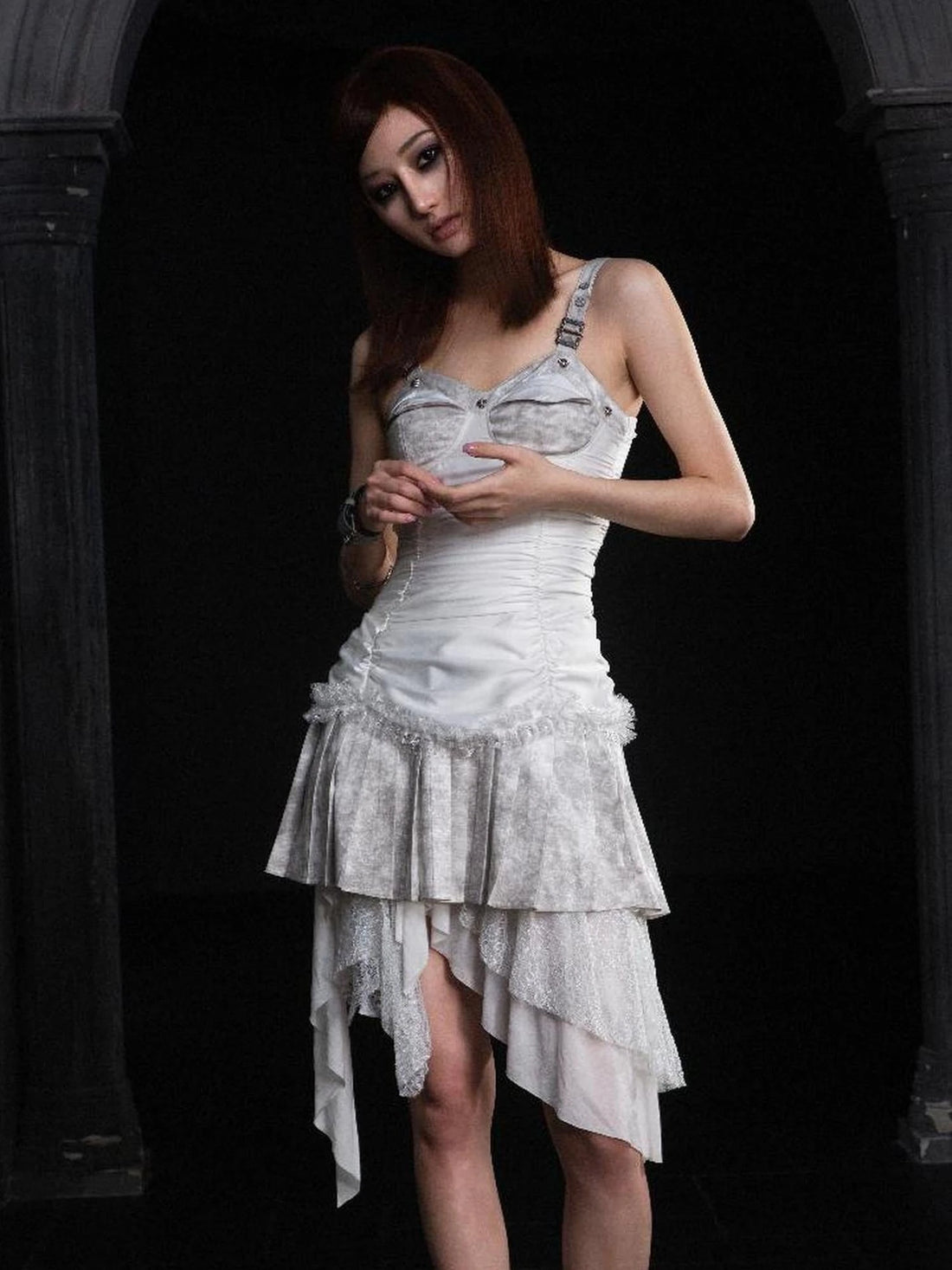 Punk Inspired Satin Ruffle Layered Dress Edgy Versatile