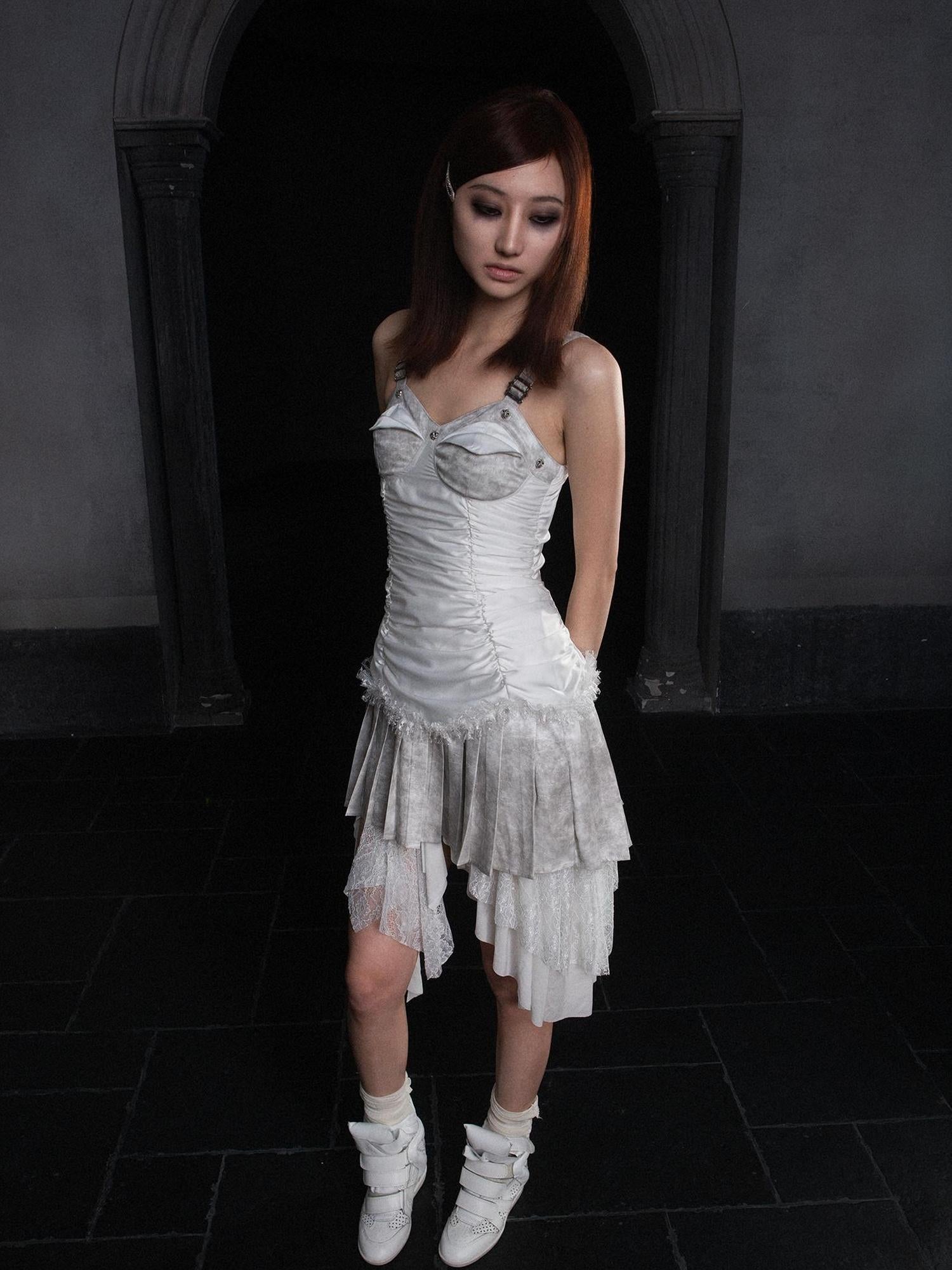 ARIADNAw Punk Inspired Satin Ruffle Layered Dress Edgy Versatile