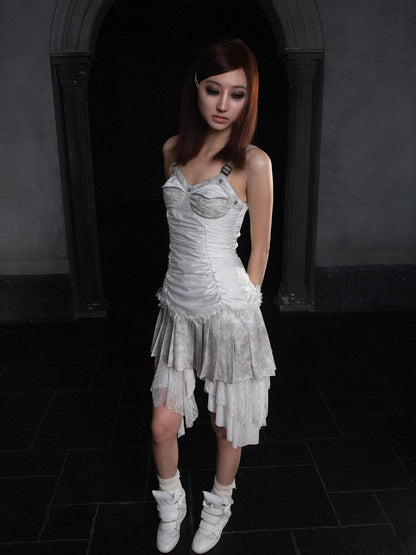 ARIADNAw Punk Inspired Satin Ruffle Layered Dress Edgy Versatile