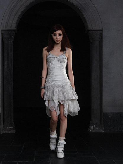ARIADNAw Punk Inspired Satin Ruffle Layered Dress Edgy Versatile