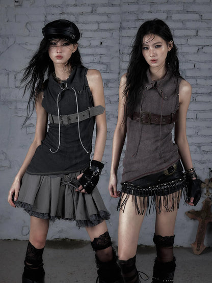 Punk Knit Sleeveless Top With Belt &amp; Lapel Design T-Shirt
