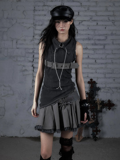 Punk Knit Sleeveless Top With Belt &amp; Lapel Design T-Shirt
