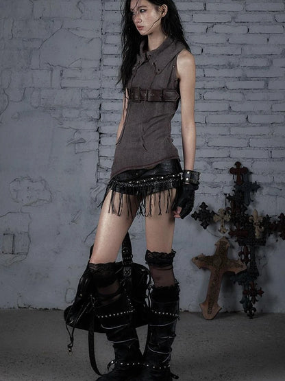 Punk Knit Sleeveless Top With Belt &amp; Lapel Design T-Shirt