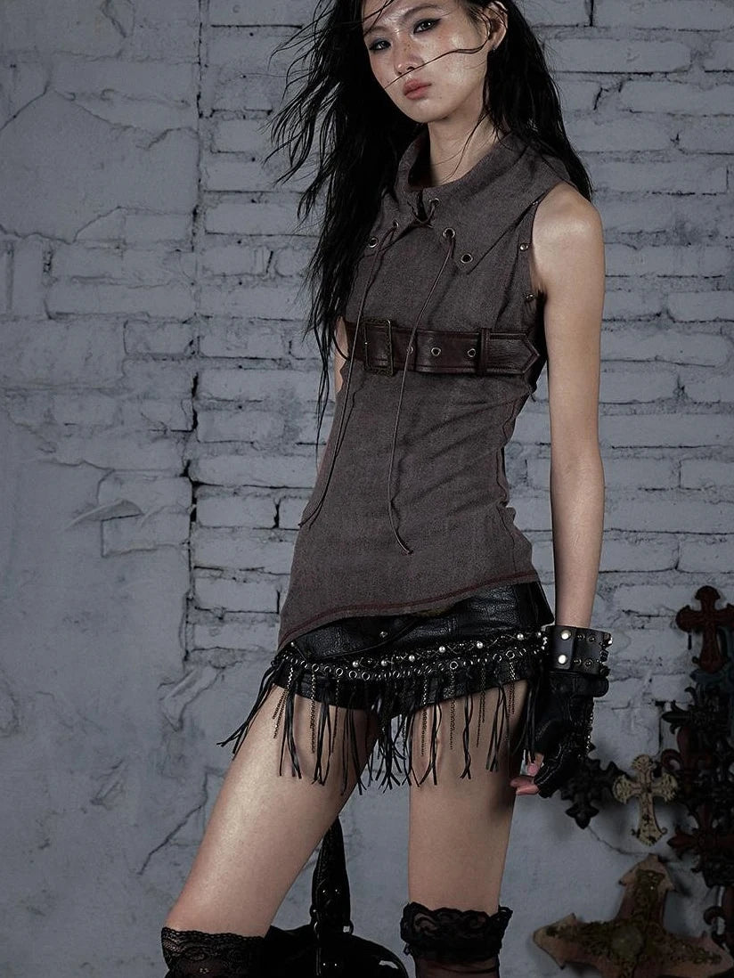 Punk Knit Sleeveless Top With Belt &amp; Lapel Design T-Shirt