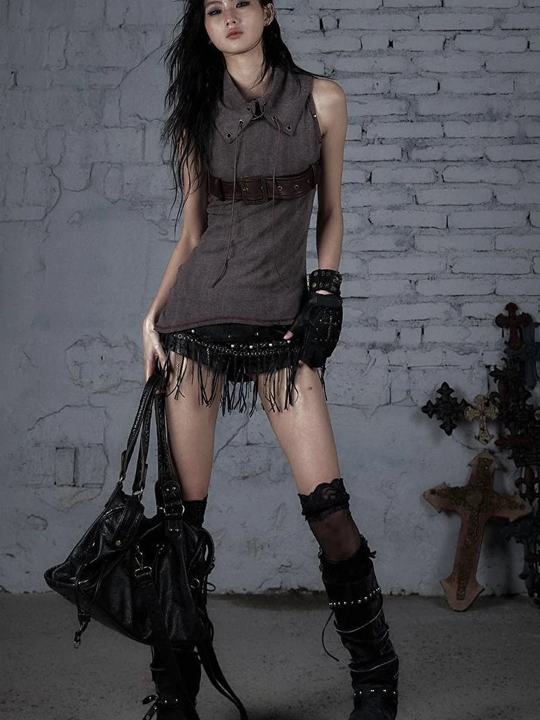 Punk Knit Sleeveless Top With Belt &amp; Lapel Design T-Shirt