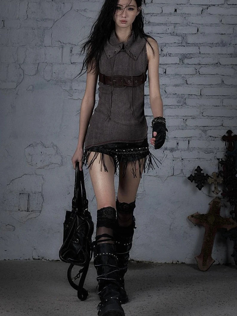 Punk Knit Sleeveless Top With Belt &amp; Lapel Design T-Shirt