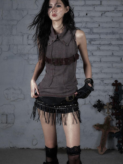 Punk Knit Sleeveless Top with Belt  Lapel Design T-shirt