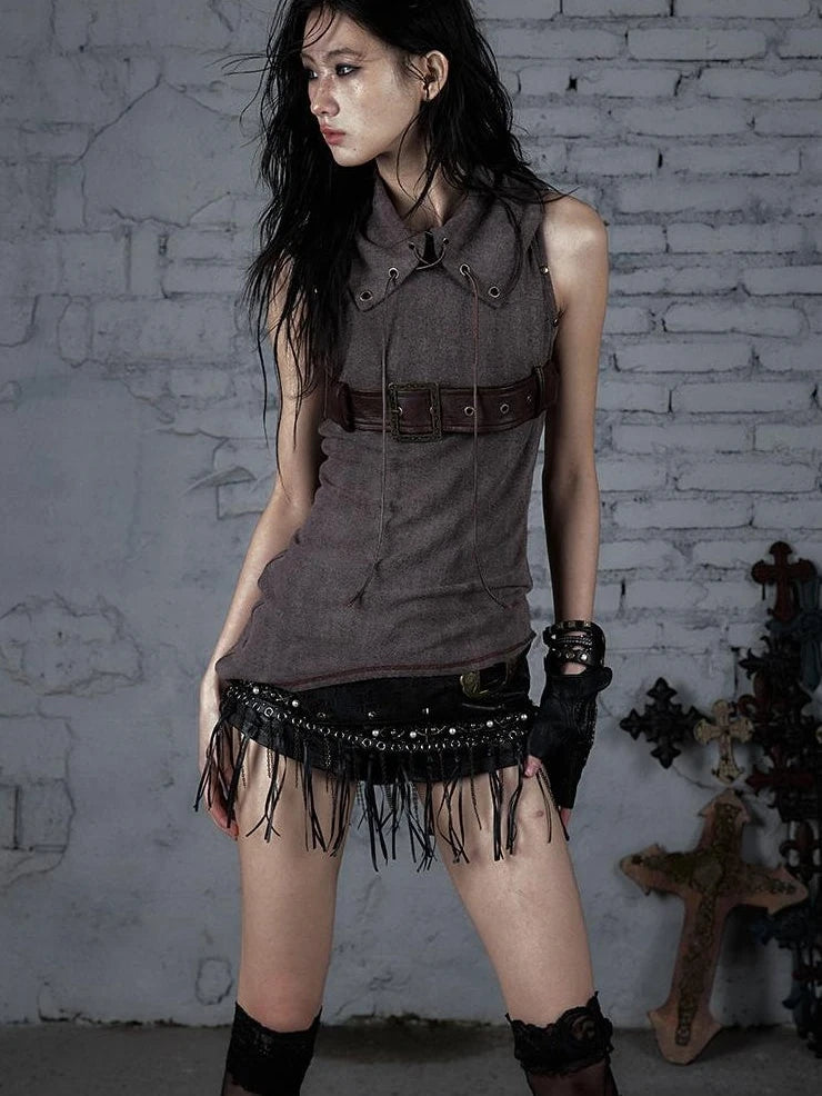 Punk Knit Sleeveless Top With Belt &amp; Lapel Design T-Shirt